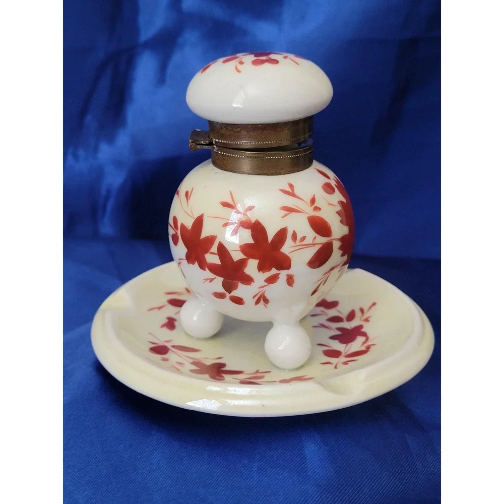 Antique Porcelain Desk Inkwell with Attached Saucer Tray 1900s